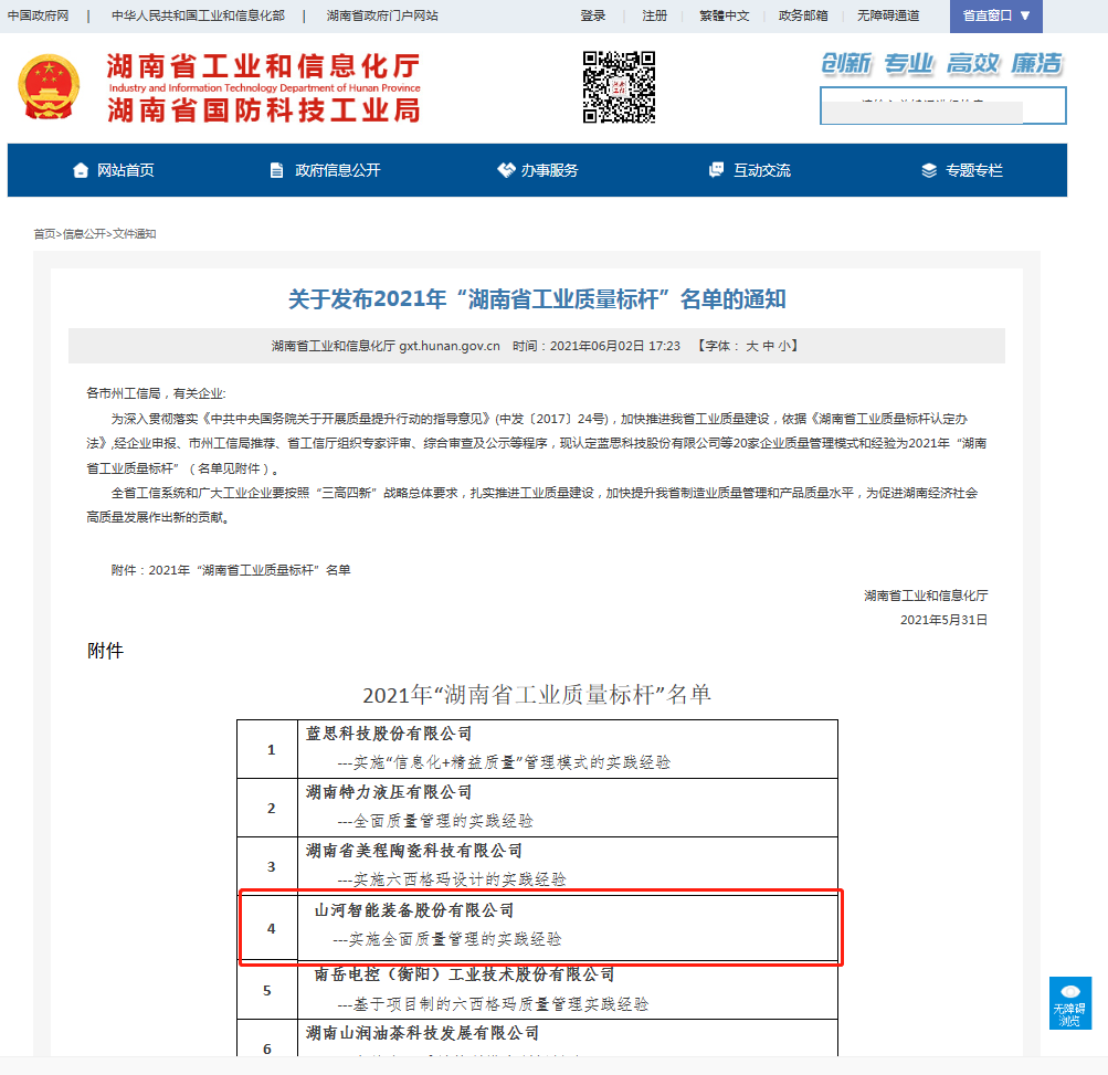 山河智能榮獲湖南省工業(yè)質量標桿企業(yè)