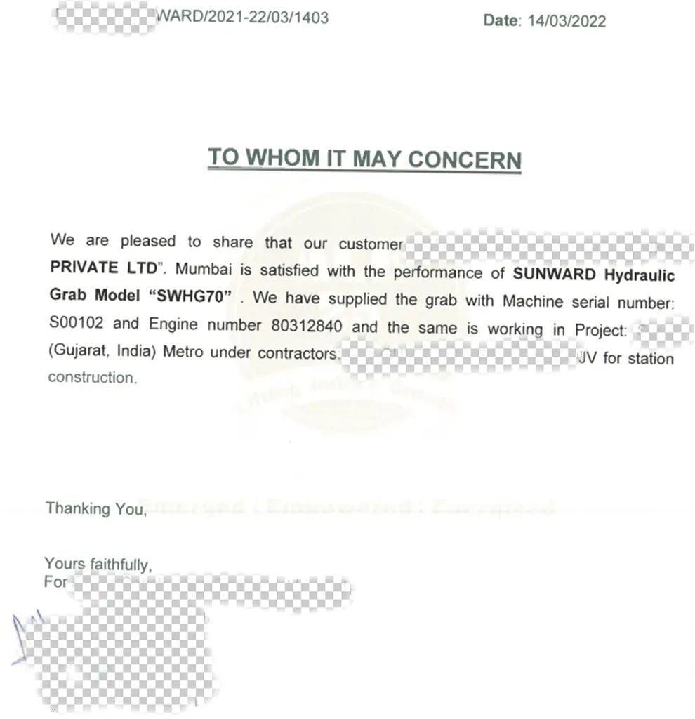 感謝信！山河智能SWHG70液壓抓斗助力海外基礎(chǔ)施工獲肯定